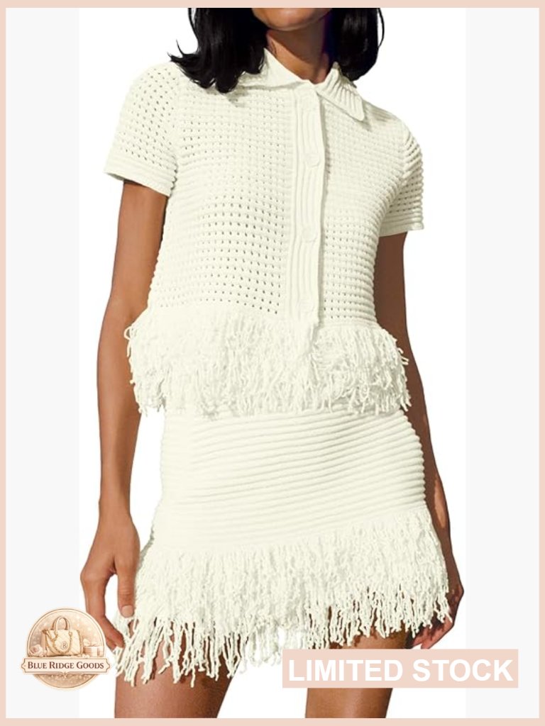 Crochet Two Piece Skirt Set Short Sleeve Button Knit Sweater Top Fringe